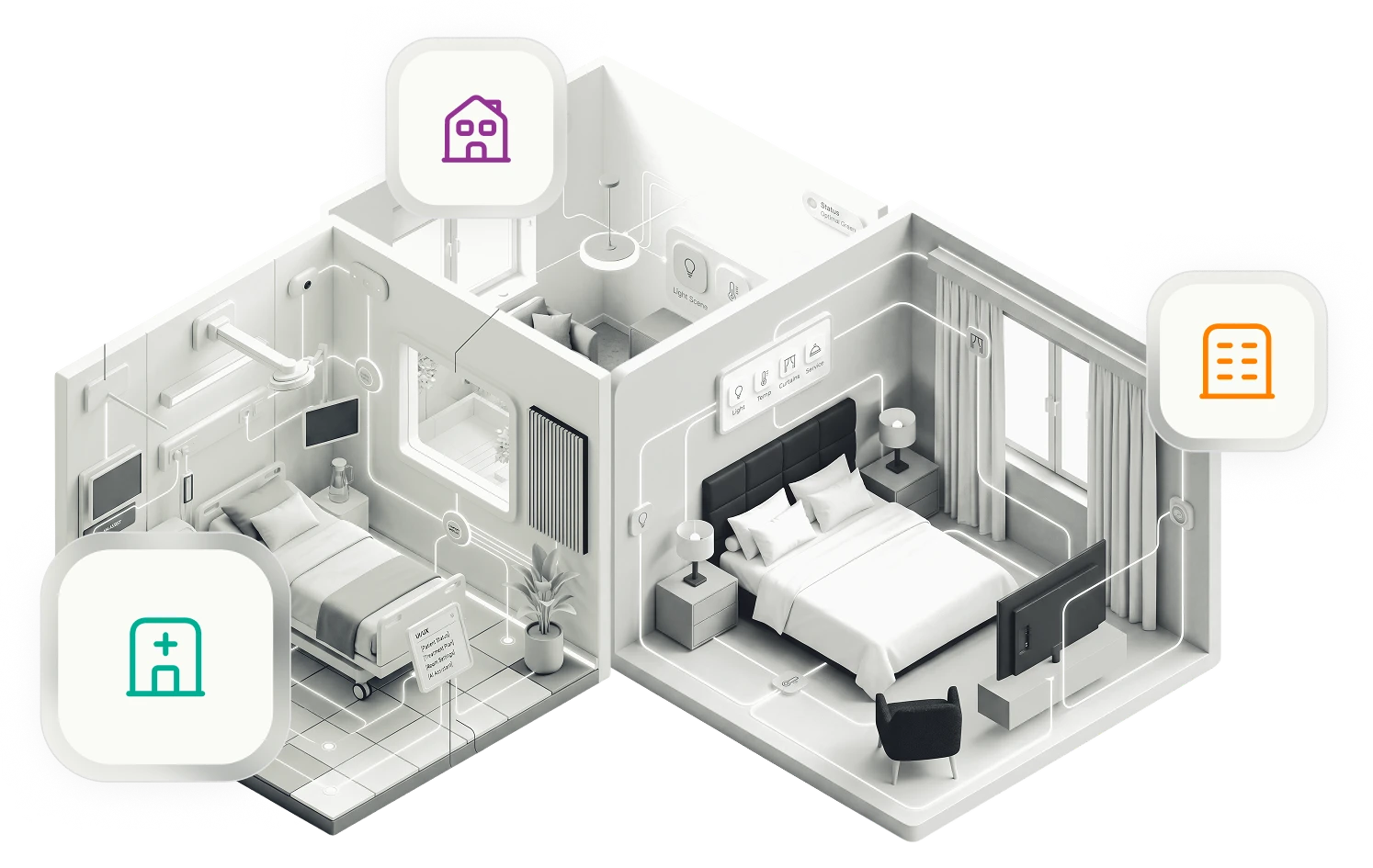 Ilustração de hospital, casa e hotel conectados pela Evolutix