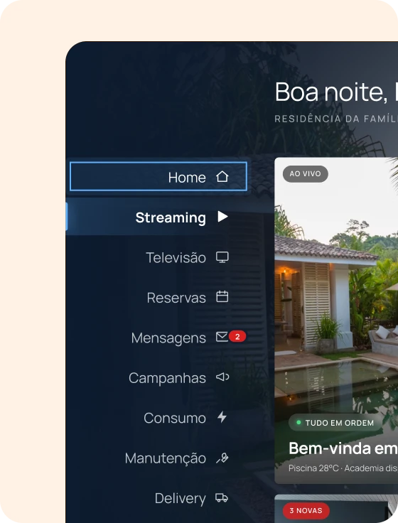 Interface da XperTV com menu de streaming, reservas e serviços